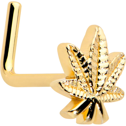 20G 1/4 Gold Tone Texture Pot Leaf L Shape Nose Ring