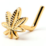 20G 1/4 Gold Tone Texture Pot Leaf L Shape Nose Ring