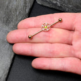 14G Dark Aurora Gem Rose Gold Tone Flower Industrial Barbell 38mm