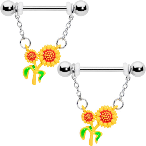 14G 9/16 Happy Sunflower Duo Chain Dangle Nipple Ring Set