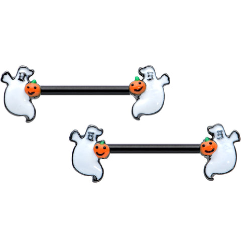 14G 9/16 Black Halloween Pumpkin Ghost Barbell Nipple Ring Set