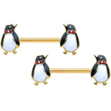 14G 9/16 Red Gem Gold Hue Bow Tie Penguin Barbell Nipple Ring Set