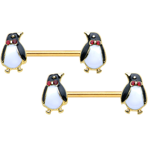 14G 9/16 Red Gem Gold Hue Bow Tie Penguin Barbell Nipple Ring Set