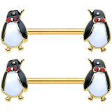14G 9/16 Red Gem Gold Hue Bow Tie Penguin Barbell Nipple Ring Set