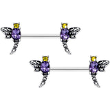 14G 9/16 Purple Yellow Gem Dragonfly Barbell Nipple Ring Set