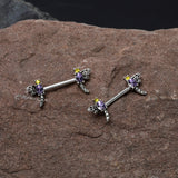 14G 9/16 Purple Yellow Gem Dragonfly Barbell Nipple Ring Set