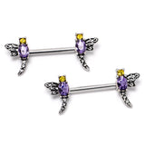 14G 9/16 Purple Yellow Gem Dragonfly Barbell Nipple Ring Set