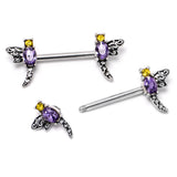 14G 9/16 Purple Yellow Gem Dragonfly Barbell Nipple Ring Set
