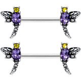 14G 9/16 Purple Yellow Gem Dragonfly Barbell Nipple Ring Set