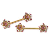 14G 9/16 Pink Gem Gold Tone Texture Star Barbell Nipple Ring Set