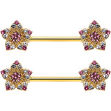 14G 9/16 Pink Gem Gold Tone Texture Star Barbell Nipple Ring Set