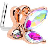 20G 7mm Aurora CZ Gem Fleur de Lis Rosy Butterfly L Shape Nose Ring