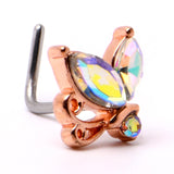 20G 7mm Aurora CZ Gem Fleur de Lis Rosy Butterfly L Shape Nose Ring