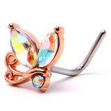 20G 7mm Aurora CZ Gem Fleur de Lis Rosy Butterfly L Shape Nose Ring