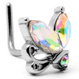 20G 7mm Aurora CZ Gem Fleur de Lis Butterfly L Shape Nose Ring