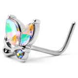 20G 7mm Aurora CZ Gem Fleur de Lis Butterfly L Shape Nose Ring
