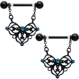 14G 9/16 Blue Gem Black Lacy Rhombus Dangle Nipple Ring Set