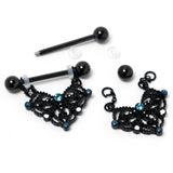 14G 9/16 Blue Gem Black Lacy Rhombus Dangle Nipple Ring Set