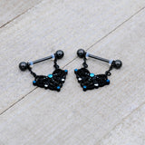 14G 9/16 Blue Gem Black Lacy Rhombus Dangle Nipple Ring Set