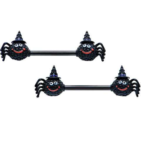 14G 9/16 Black Halloween Smiling Spider Barbell Nipple Ring Set