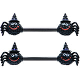 14G 9/16 Black Halloween Smiling Spider Barbell Nipple Ring Set