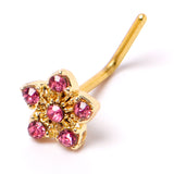 20G 7mm Pink Gem Gold Tone Texture Star Flower L Shape Nose Ring
