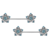 14G 9/16 Blue Clear Gem Opulent Flowers Barbell Nipple Ring Set