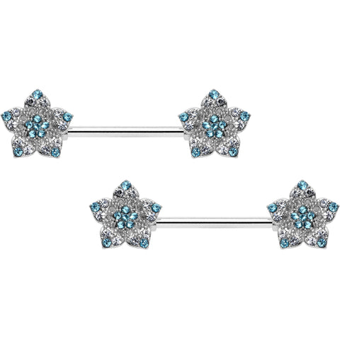 14G 9/16 Blue Clear Gem Opulent Flowers Barbell Nipple Ring Set