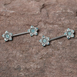 14G 9/16 Blue Clear Gem Opulent Flowers Barbell Nipple Ring Set