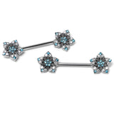 14G 9/16 Blue Clear Gem Opulent Flowers Barbell Nipple Ring Set