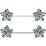 14G 9/16 Blue Clear Gem Opulent Flowers Barbell Nipple Ring Set