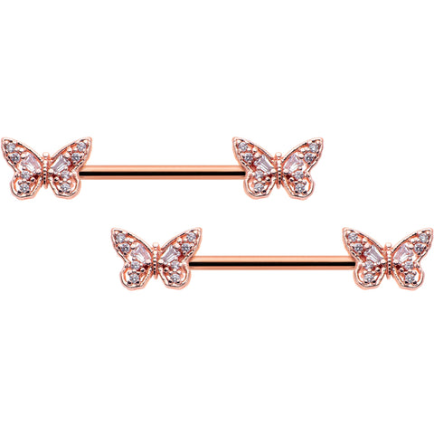 14G 9/16 Clear Gem Rosy Tone Baroque Butterfly Nipple Ring Set