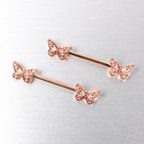 14G 9/16 Clear Gem Rosy Tone Baroque Butterfly Nipple Ring Set