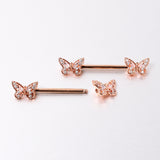 14G 9/16 Clear Gem Rosy Tone Baroque Butterfly Nipple Ring Set