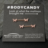 14G 9/16 Clear Gem Rosy Tone Baroque Butterfly Nipple Ring Set