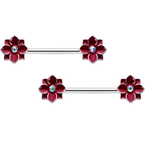 14G 9/16 Aurora Gem Poinsettia Flower Barbell Nipple Ring Set