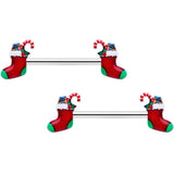 14G 9/16 Cheery Christmas Stocking Red Barbell Nipple Ring Set