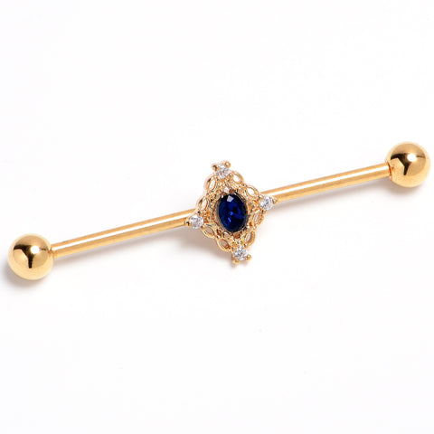 14G Blue Gem Gold Tone Filigree Rhombus Industrial Barbell 38mm