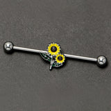 14G Cheery Inlay Sunflowers Industrial Barbell 38mm