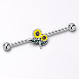 14G Cheery Inlay Sunflowers Industrial Barbell 38mm