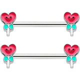 14G 9/16 Sweet Happy Heart Lollipop Barbell Nipple Ring Set