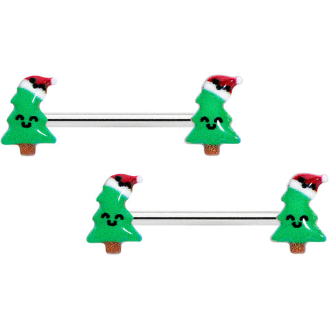 14G 9/16 Happy Christmas Tree Hat Barbell Nipple Ring Set