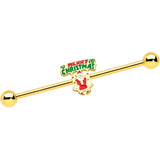 14G Gold Hue Merry Christmas Santa Inlaid Industrial Barbell 38mm