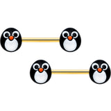 14G 9/16 Gold Tone Round Penguin Face Barbell Nipple Ring Set