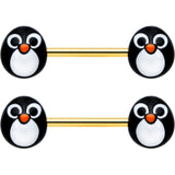 14G 9/16 Gold Tone Round Penguin Face Barbell Nipple Ring Set
