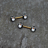 14G 9/16 Gold Tone Round Penguin Face Barbell Nipple Ring Set