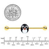 14G Gold Tone Round Penguin Face Holiday Industrial Barbell 38mm