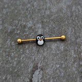14G Gold Tone Round Penguin Face Holiday Industrial Barbell 38mm