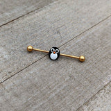 14G Gold Tone Round Penguin Face Holiday Industrial Barbell 38mm