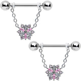 14G 9/16 Pink Clear CZ Gem Snowflake Chain Dangle Nipple Ring Set